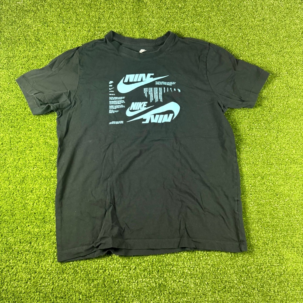 Nike Mens Black Graphic T-Shirt Multi Swoosh Logo Blue Print Size Large 0669
